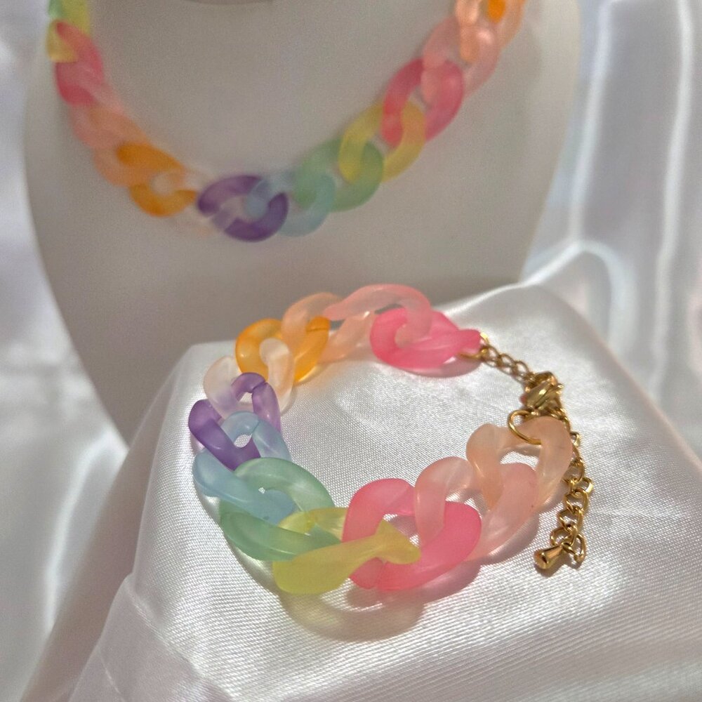 Colorful Acrylic Chain Necklace Bracelet Set Chunky Pastel Statement Jewelry